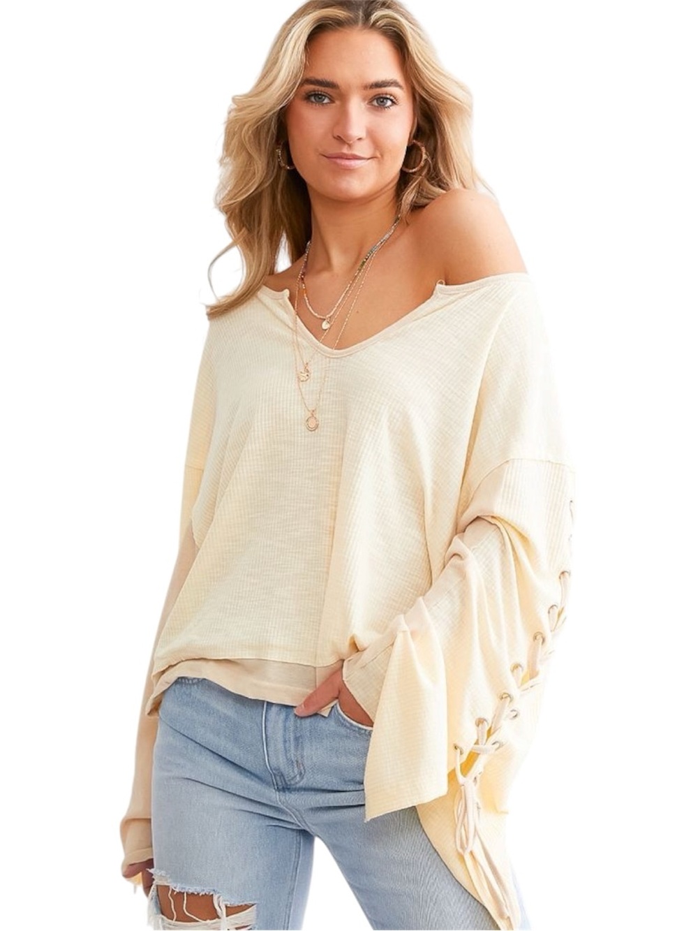 POL Buckle Pieced Top Lace Up Bell Sleeve Cream S